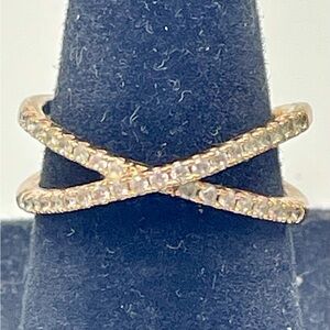 Rose Gold Tone Crystal Rhinestone Crossover Ring. Size 5 1/2 inches